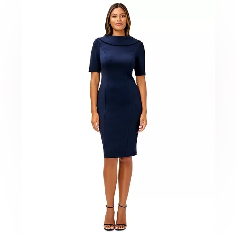 Adrianna Papell Navy Midi Sheath Dress